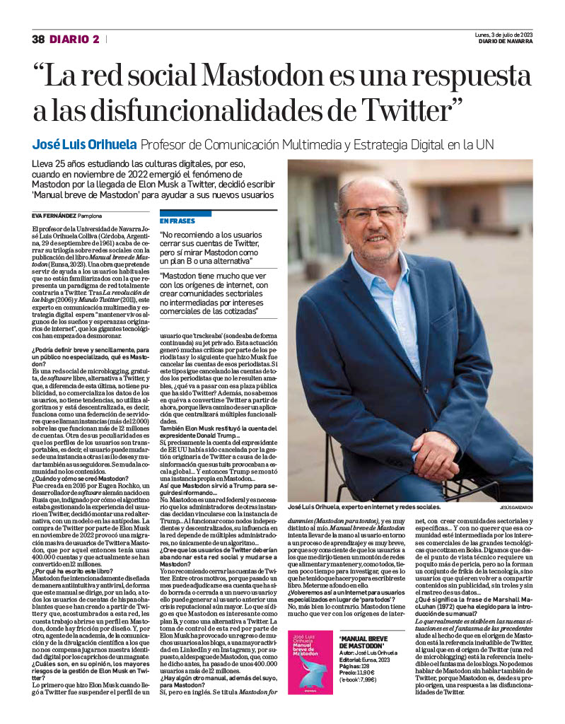 Entrevista en Diario de Navarra: "La red social Mastodon es una respuesta a las disfuncionalidades de Twitter"